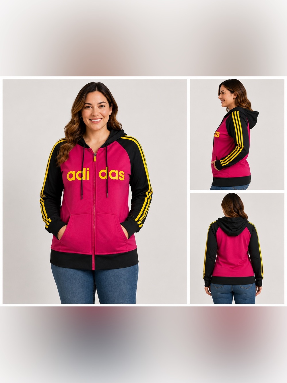 adidas Pink and Black Zip-Up Hooded Bomber Jacket with Yellow Stripes